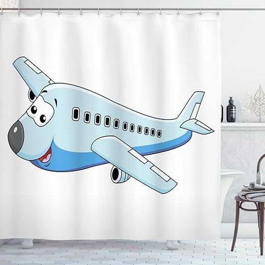 Amazon Com Lunarable Nursery Shower Curtain Smiling Commercial Airplane Goofy Character For Children Air Way Fun Print Cloth Fabric Bathroom Decor Set With Hooks 75 Long Pale Blue And Blue Home Kitchen