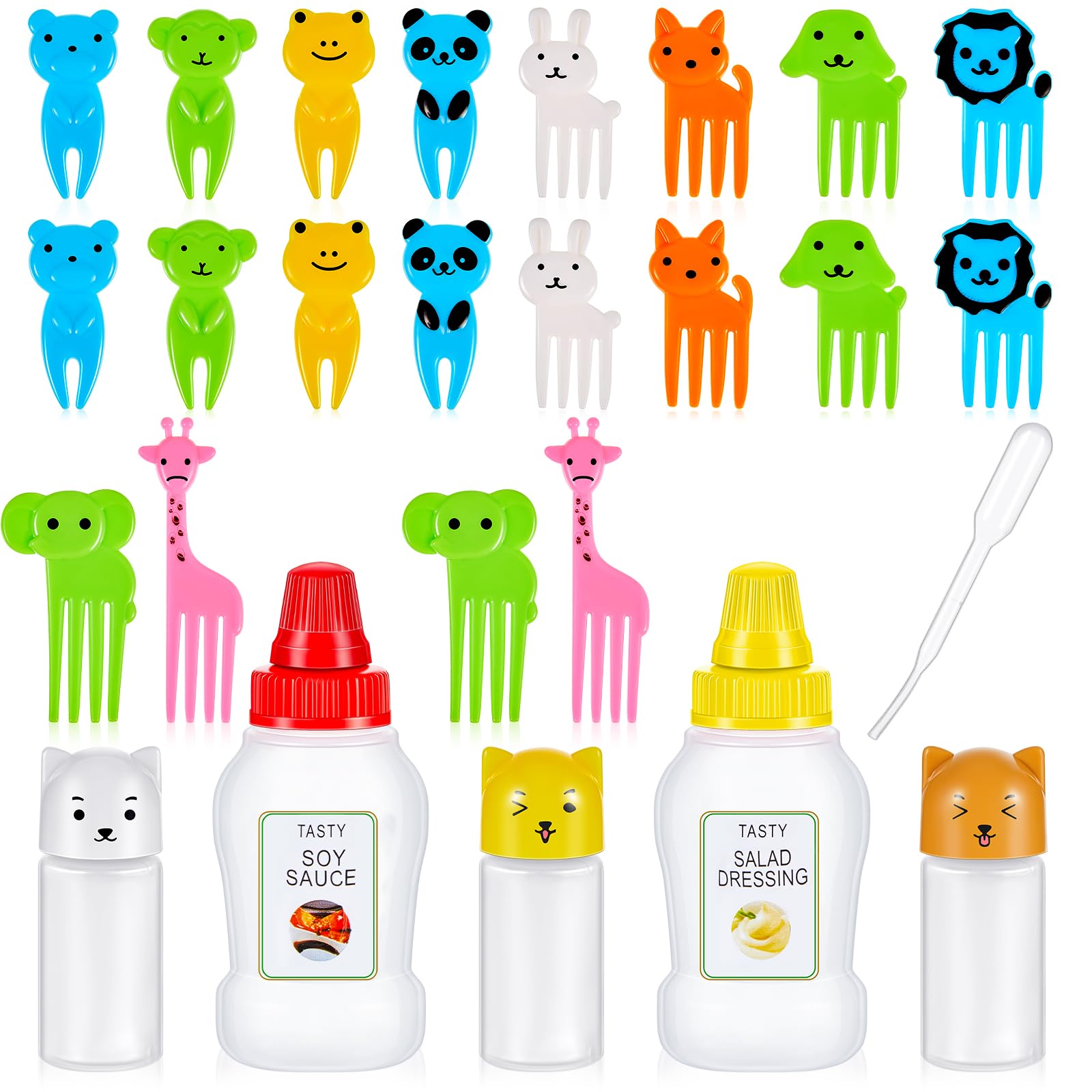 Photo 1 of 26 Pcs Lunch Bento Soy Sauce Case Container 5 Mini Plastic Condiment Squeeze Bottles Cute Kids Lunch Accessories with Dropper 20 Animal Food Picks for Honey Salad Sauces Oil Ketchup (Stylish Style)