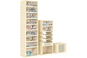 FAHKNS Shoe Storage Box, 9 Tiers Easy Assembly Foldable Plastic Shoe Rack with Clear Door, Stackable Shoe Storage Bins Shoe Organizer for Entryway Closet
