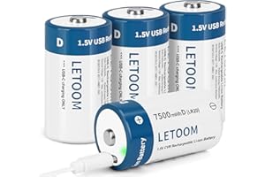 LETOOM D Batteries Rechargeable with 4 in 1 USB C Charging Cable D Size Cell Lithium Batteries 7500mWh 1.5V for Flashlights, Toys, and Floodlights (4 Pack, D Battery)
