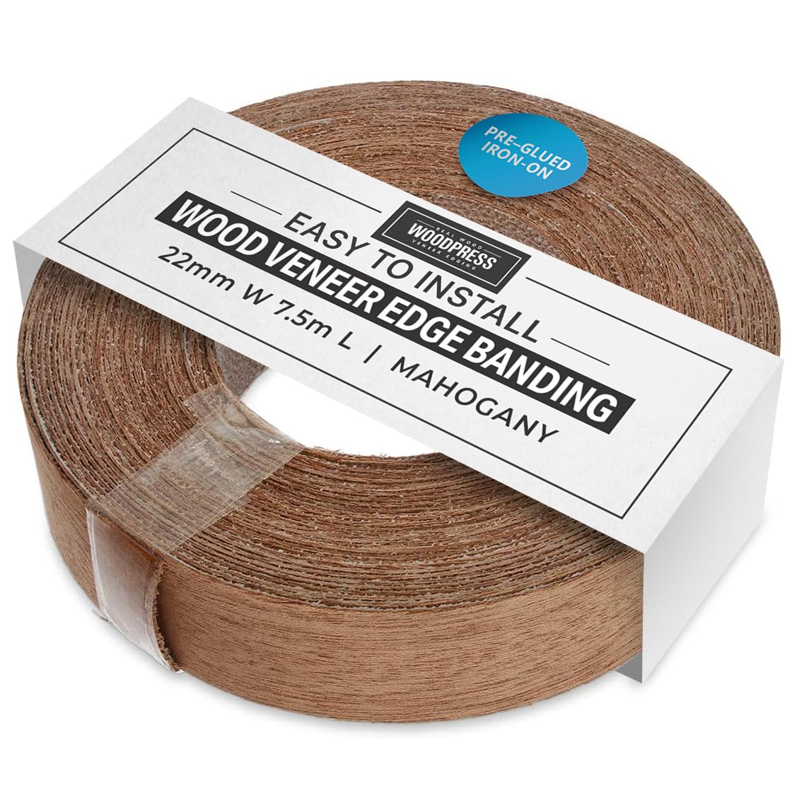 WoodPress® 22mm Real Mahogany Wood Iron-On Edging – 7.5m Roll – Pre-Glued Wood Veneer Tape for Easy DIY Application – Will Cover the Edge of a Standard MDF Panel