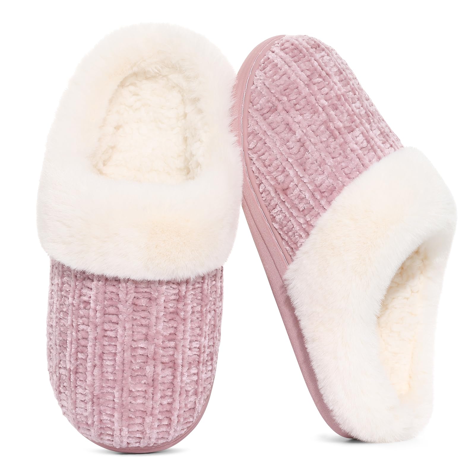 Photo 1 of Evshine Women's Warm Chenille Knit House Slippers Comfy Memory Foam Winter Slippers with Faux Fur Collar and Indoor Outdoor Soles Pink, 40-41 (Size 8-9)