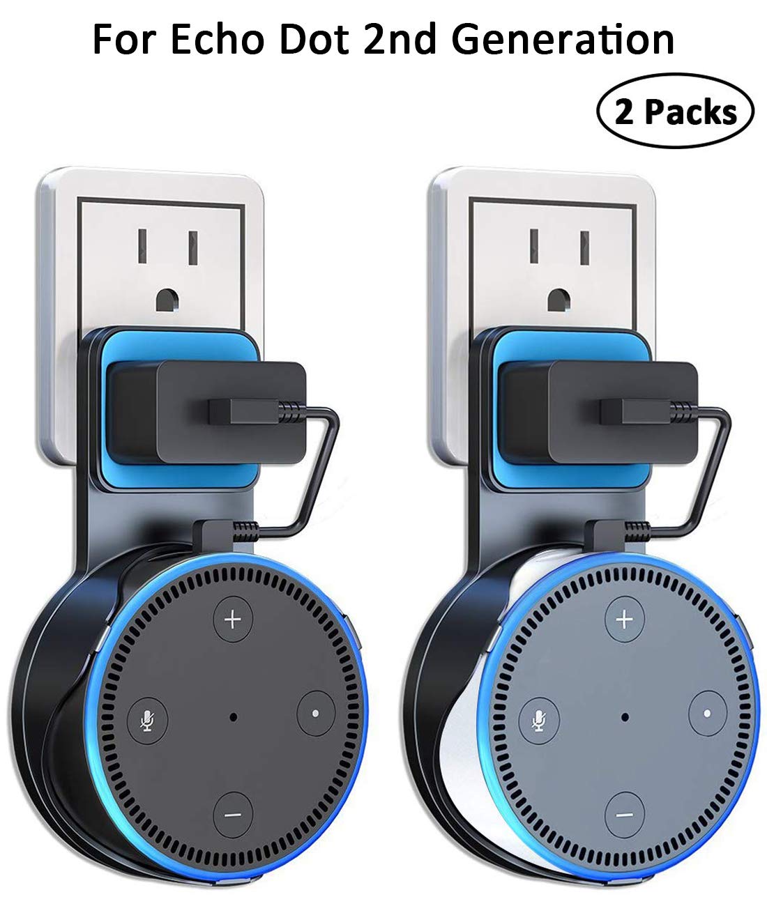 2 Packs Echo Dot Wall Mount Outlet Hanger - Idealife Speakers Holder for Echo Dot 2nd Generation Echo Dot Holder with Alexa Short Charging Cable, Space-Saving Speaker Hanger (Black)