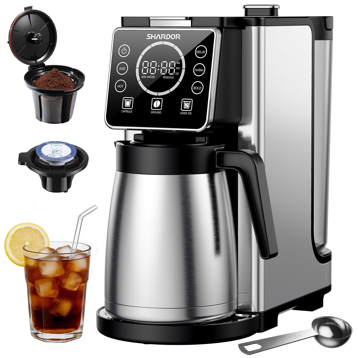 Photo 1 of SHARDOR Programmable 5 Cup Drip Coffee Maker, Single Serve Hot & Iced Coffee Machine for K Cup & Grounds, 95oz Removable Reservoir, 6–24oz Brew Size, Strong Brew, Stainless Steel Thermal Carafe, Black