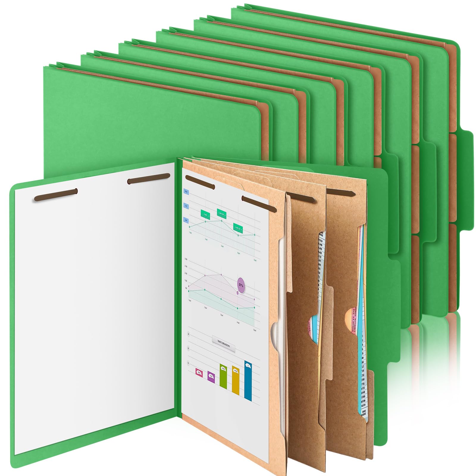 Photo 1 of 12 Pcs Classification Folders Letter Size 3 Pocket Dividers Employee File Folder with 2 Prongs Fasteners, 2 in Expansion Heavy Duty Pressboard File Holder for School Office Medical Document(Green)