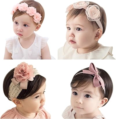 VEGCOO 4 Pcs Baby Girl Headbands Grosgrain Ribbon Faux Leather Stars Pink