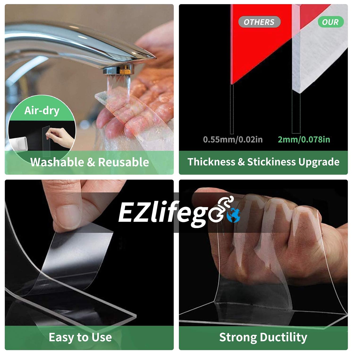 EZlifego Double Sided Tape Heavy Duty (9.85FT), Multipurpose Removable Mounting Tape Adhesive Grip,Washable Strong Sticky Wall Tape Strips Transparent Tape Poster Carpet Tape for Paste Items,Household: Industrial & Scientific
