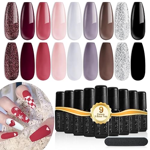 Lavender Violets 13 Pcs Gel Nail Polish Set Dark Red Wine Plum Red Brown Sparkle Silver Shimmer Valentine UV LED Nail Varnish Nail Art Gift DIY Home for Wome Lady C652