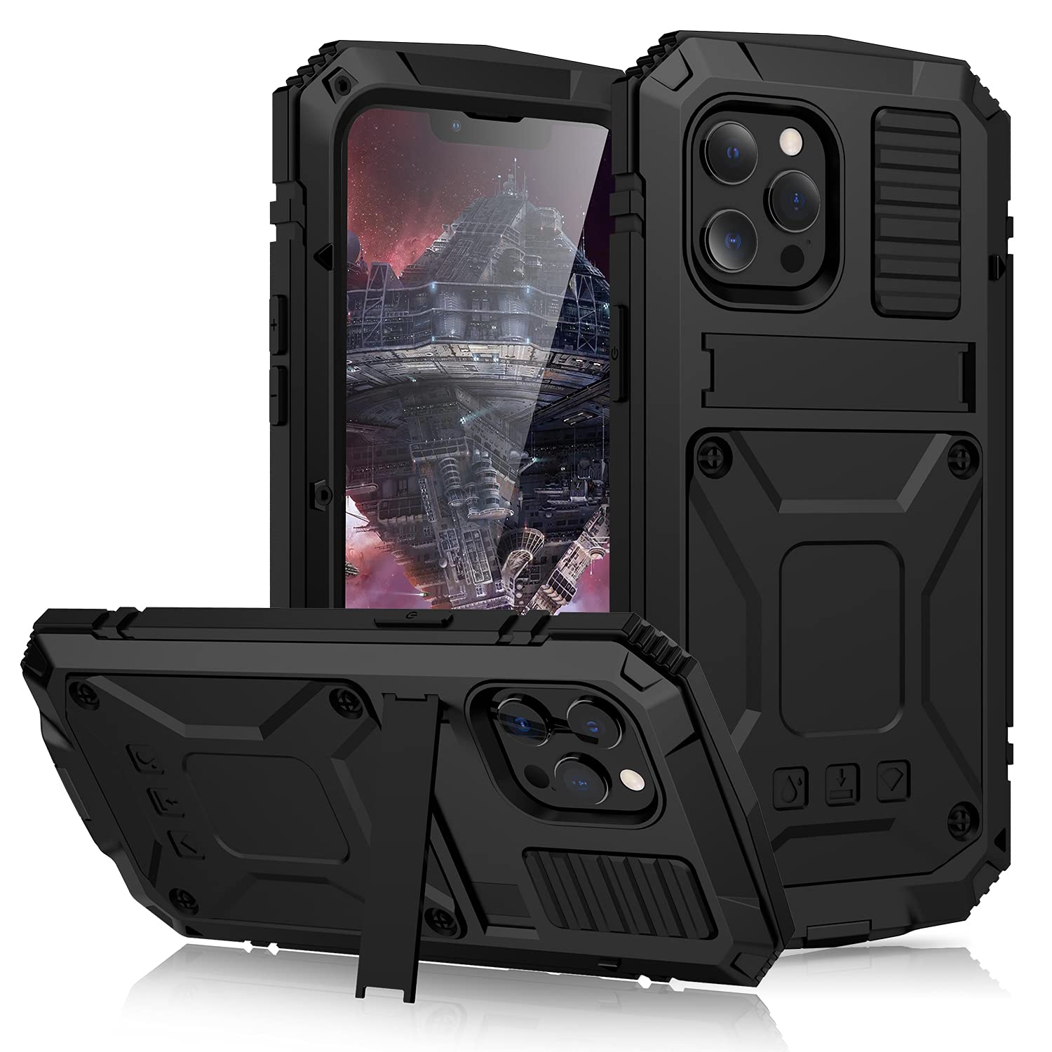 R-JUST Metal Case for iPhone 13 Pro Max, Outdoor Heavy Duty Tough Armour Military Built-in Screen Shockproof Dustproof Anti-Scratch Full Body Cover with Kickstand (iPhone Black)