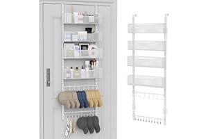Over the Door Organizer, 2 in 1 Metal Hanging Closet Organizer & Hat Rack with 4 Adjustable Baskets, 8 Hooks, 10 Clips, Behin