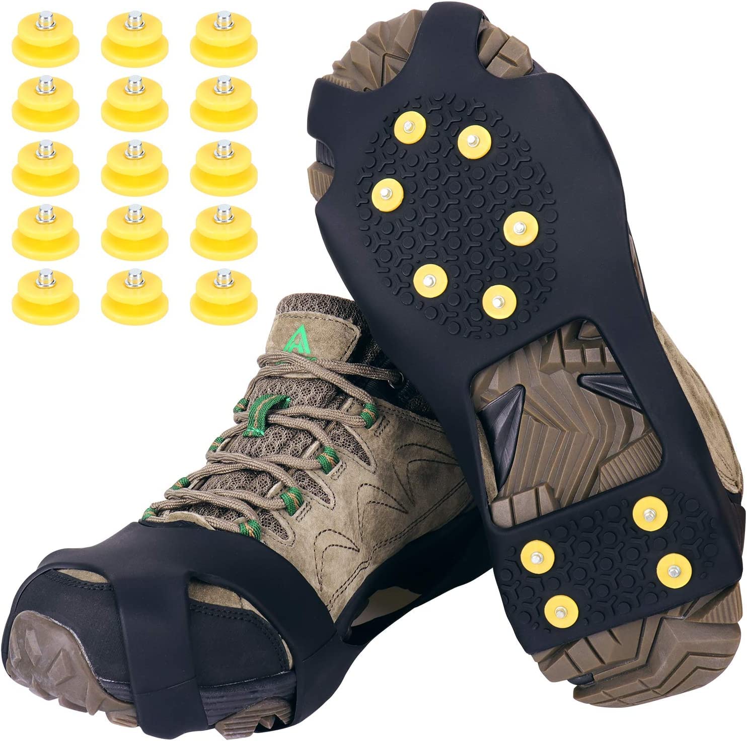 Ice Snow Grips,Anti Slip Winter Ice Grippers Snow Traction Cleats Crampons Spikers Ice Traction Slip on Boots Shoes Cover Fit for Hiking Fishing Climbing With 15-Pack Spare Snow Spikes (Schwarz, M)