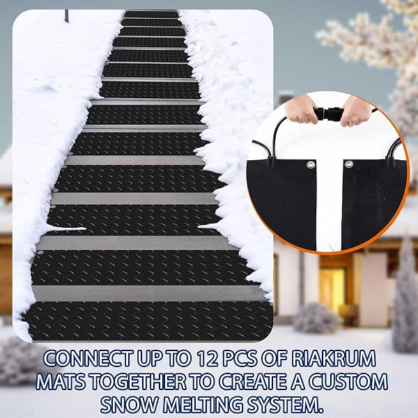 RIAKRUM 8 PCS HEATED SNOW MELTING MATS OUTDOOR, 10 X 30 IN WINTER ANTI-SLIP HEATED RUBBER MAT FOR WALKWAYS DECKS AND SIDEWALKS, ELECTRIC SNOW AND ICE MELTING PADS CONNECTION WITH 9.84 FT POWER CORD