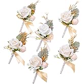Fnize Champagne Boutonniere for Men, 6 Pcs Groom Groomsmen Boutonnieres, Artificial Flowers for Wedding Prom Homecoming