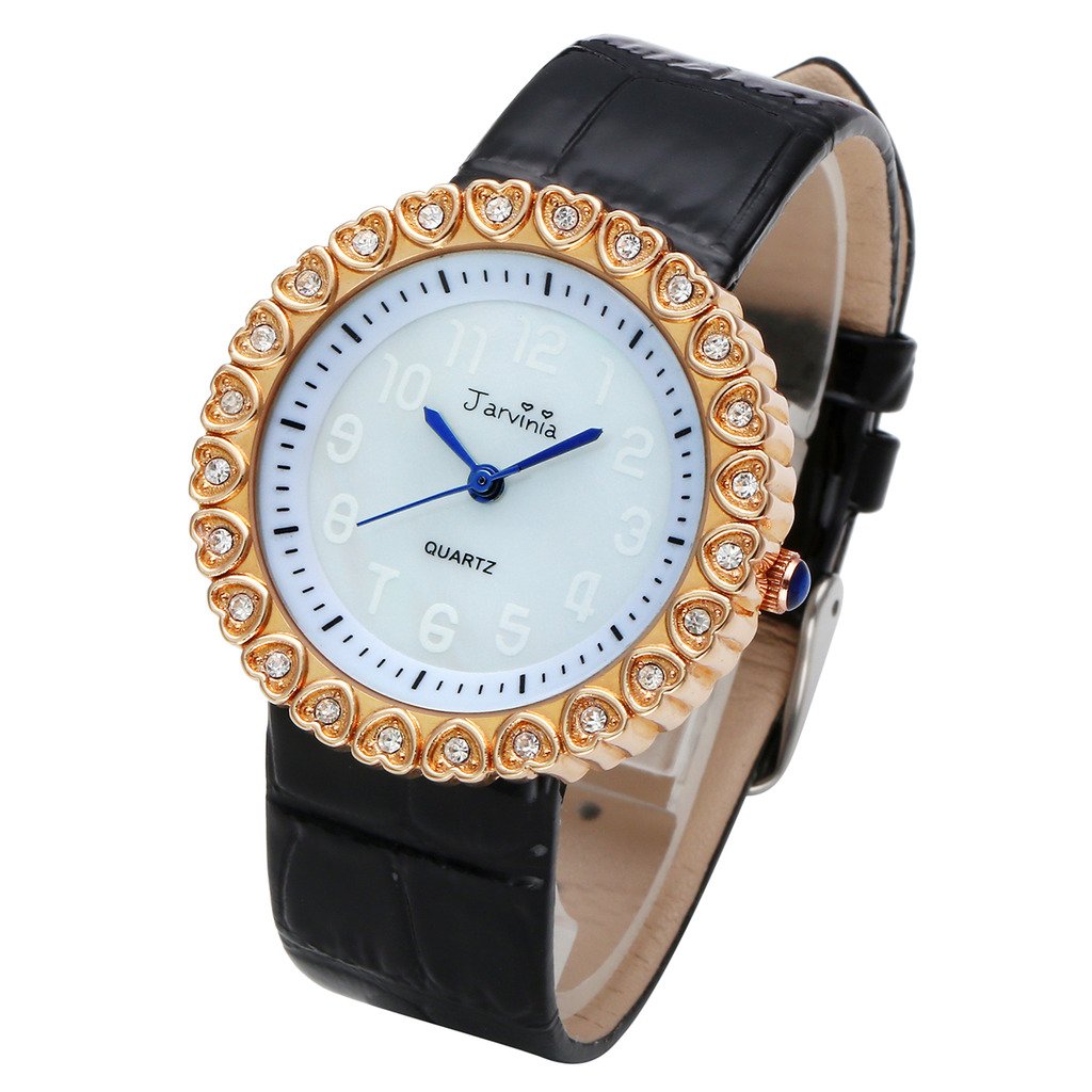 JSDDE Uhren,Elegante Frauen Armbanduhr Herz Strass Damenuhr mit Muschel Echtleder-Band Rosegold Analog Qaurzuhr,Schwarz