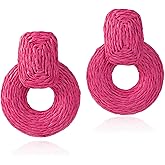 ATIMIGO Handmade Statement Raffia Earrings Cute Boho Rattan Dangle Earrings Lightweight Straw Wrap Summer Drop Dangling Earrings for Women