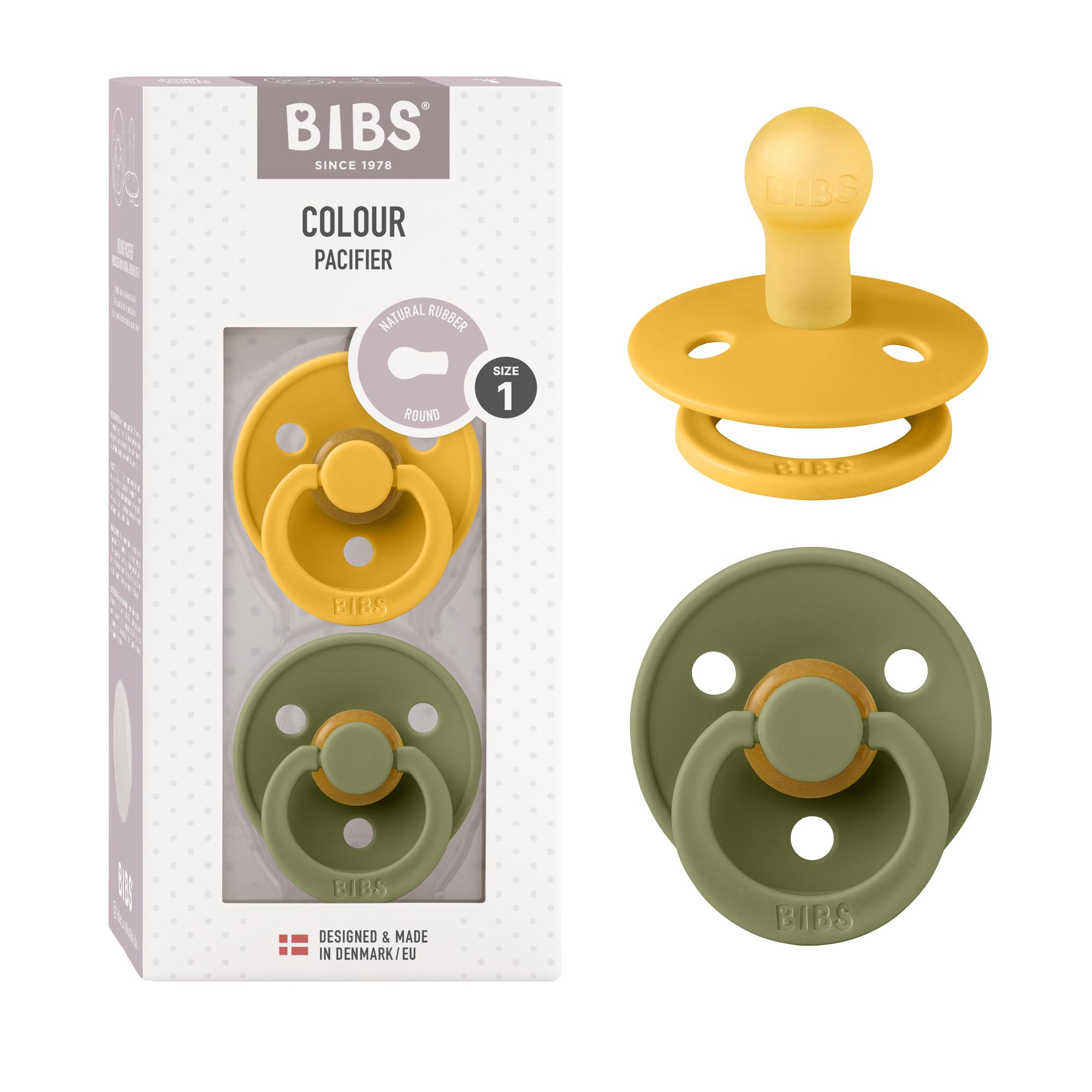 BIBS Colour Soother 2-Pack, BPA Free Dummy Pacifier, Round Nipple. Natural Rubber Latex, Size 1 (0-6 Months), Honey Bee/Olive — image 1