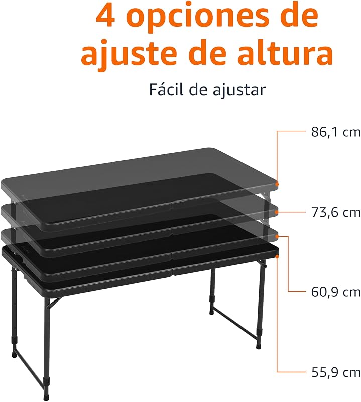 Mesa Plegable Rectangular de 1.2 m, 4 ajustes de Altura, asa de Transporte, Interiores y Exteriores, portátil, Ligera, de Viaje, Picnic, Camping, Negro Lavado, 121.4 x 60.7 x 86.1 cm — foto 3 de 6