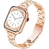 G-ficu Slim Metal Band for Apple Watch Bands for Women 44mm 45mm 46mm 49 42mm-S3 iWatch Bands, Stainless Steel Thin Dressy Strap for Apple Watch Band Series 11 10 9 8 SE 7 6 5 4 3 Ultra-Rose Gold