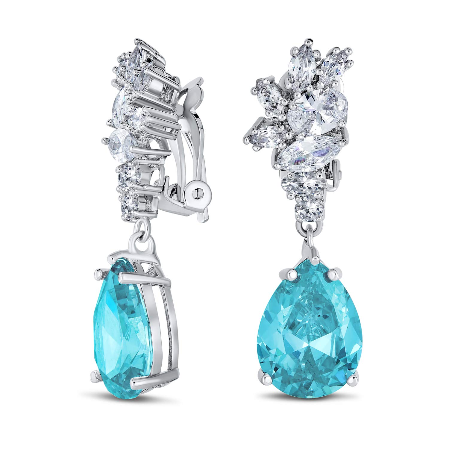 Vintage Art Deco Style Blue Simulated Aquamarine Cubic Zirconia AAA CZ Statement Dangle Formal Leaf Teardrop Chandelier Clip On Earrings Wedding Prom Silver Plated — image 1