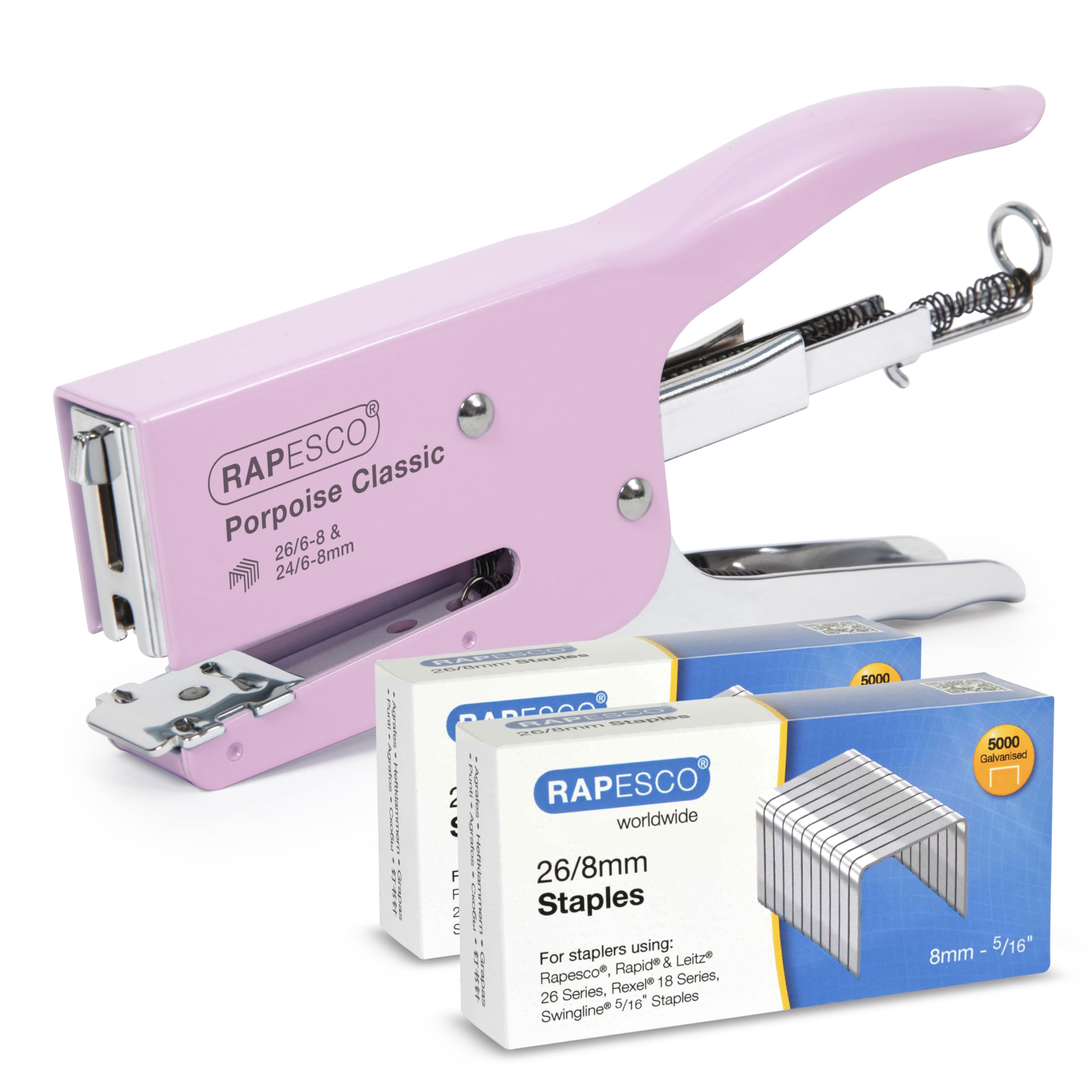 Rapesco 1356A Porpoise Classic Stapling Plier with 10,000 Type 26/8mm Staples, 45 Sheet Capacity, Candy Pink
