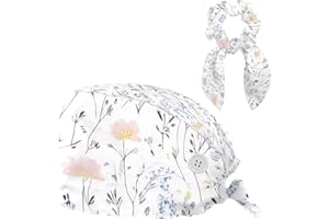 FVQL Scrub Caps Women, Surgical Cap with Hair Scrunchy, Reusable Scrub Hat with Button & Sweatband