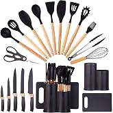 HEEVON 19-Piece Kitchen Utensil and Knife Set, Black | 5 coated stainless steel knives, 11 silicone tools with bamboo handles, shears, cutting board and dual-compartment holder