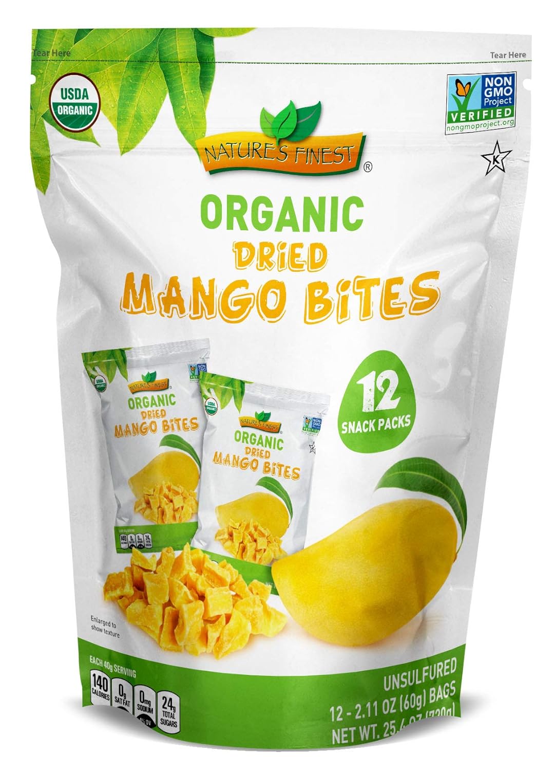 Organic Dried Mango Bites 12 Snack Packs of 2.11oz each USDA Organic