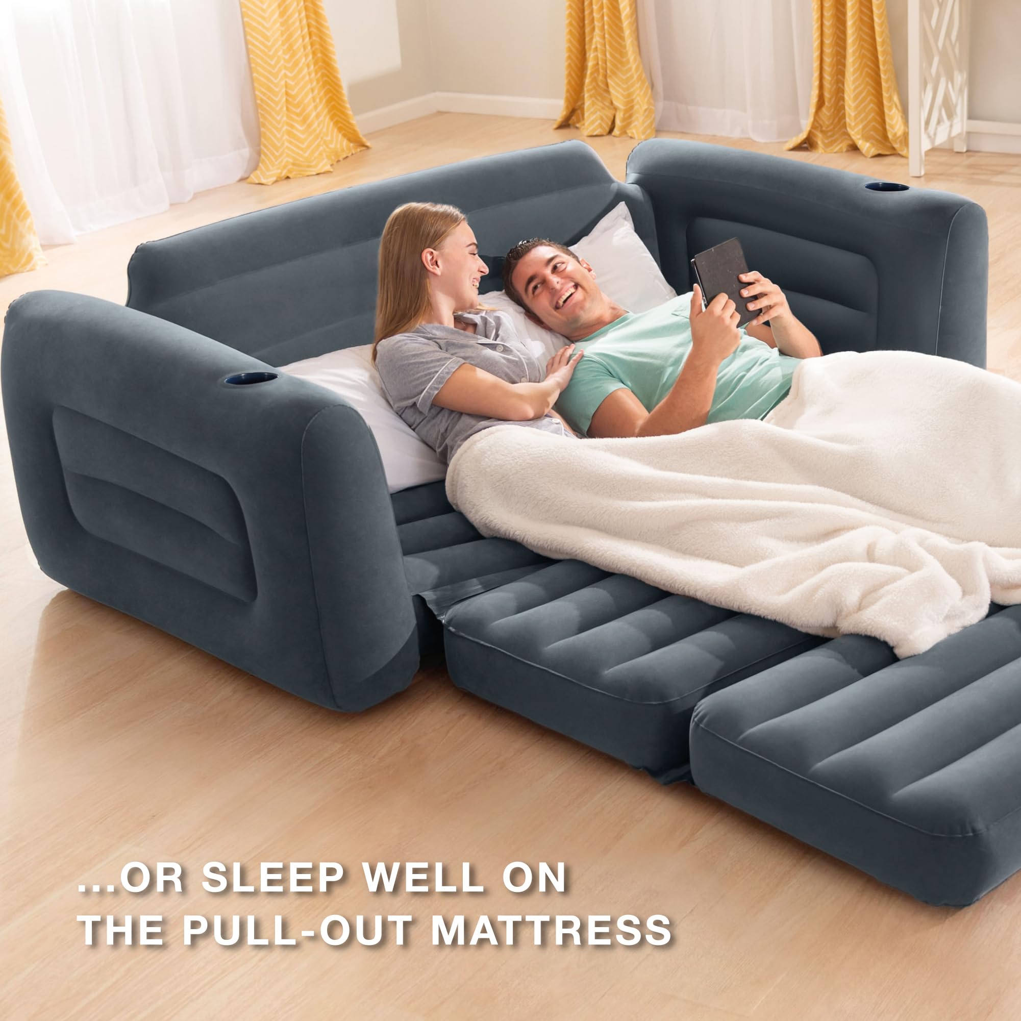 Intex Inflatable Pull-Out Sofa: Velvety Surface, 2-in-1 Valve, Cupholder, 46