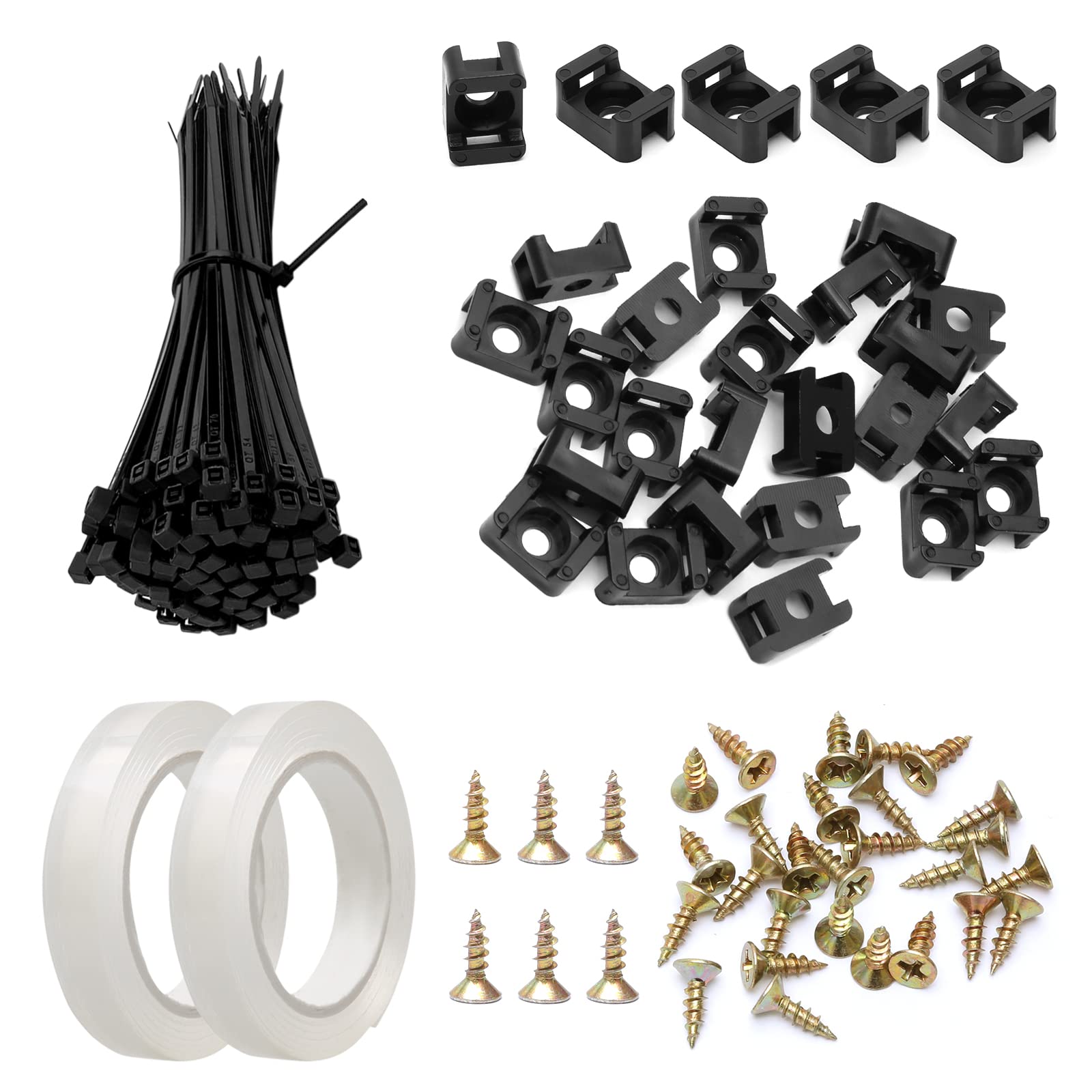 100Pcs Black Cable Tie Mount Bases and Mini 10cm/3.9 Nylon Cable Ties with 2Pcs Double Sided Tape and 100Pcs Screws Set, Cable Management Organizer Kit for Home Wire Management