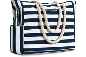 BECOKAN Beach Bags for Women, Pool Swim Bag Beach Bags Waterproof Sandproof Large Stripe Beach Tote with Magnet Button Zipper Closure