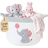 Elephant Storage Basket for Nursery – Large 15”x11” Cotton Rope Bin with Soft Felt Elephant Patch – Toy Organizer, Baby Laundry Hamper, Diaper & Towel Holder – Foldable, Washable & Baby-Safe