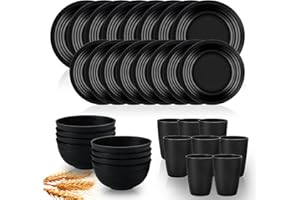 IZUROK 32 pcs Wheat Straw Dinnerware Sets Kitchen Plates and Bowls Sets for 8 Plastic Plates Reusable Dishes Set Outdoor Camping and Dinning Essentials Dishwasher Safe, Black