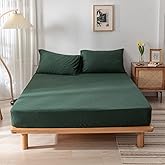 DONEUS Jersey Knit Cotton Fitted Sheet 3 Piece - Ultra Soft, Wrinkle Free and Breathable, 15 Inches Deep Pocket Elastic Sheets with 2 Pillowcases, Solid Forest Green King