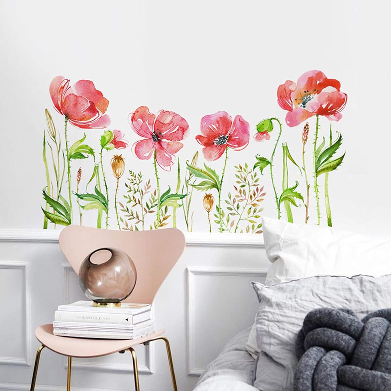 Flowers Wall Decals Red Floral Wall Stickers for Living Room, Poppy Flowers Wall Art Murals Vibrant Floral Wall Decor Posters for Bedroom Dining Room Office