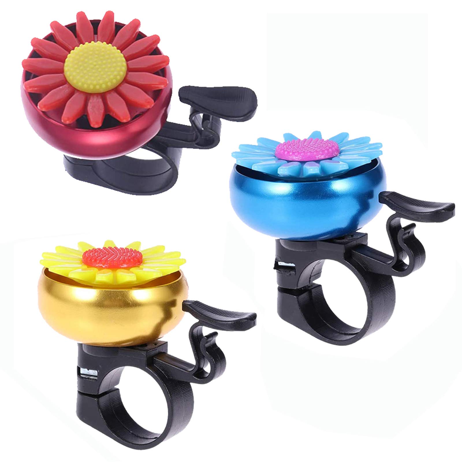 Etern 3PCS Sunflower Shaped Bicycle Horn, Bicycle Bell for Children, Aluminum Sunflower Color Bicycle Bell, for Children's Bicycle Handlebars (Blue, Yellow, Red)