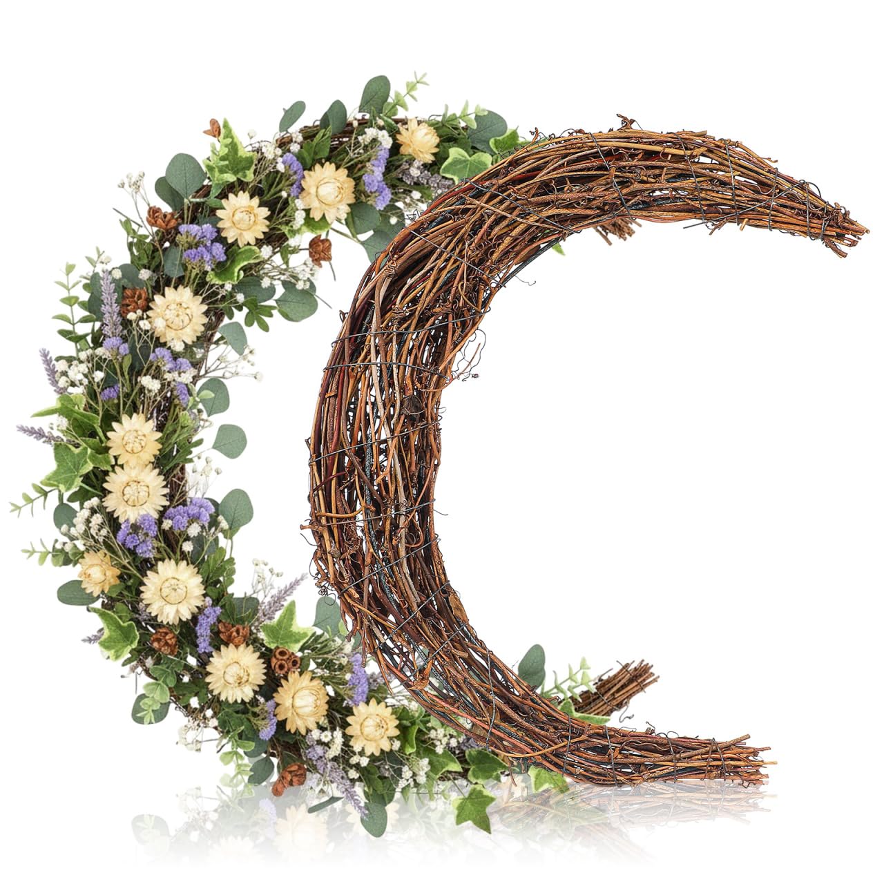 DOITOOL 2PCS Moon Wreath Base 11.8 Inch - Natural Rattan Vine Garland Frame for DIY Crafts - Crescent Wreath Making Rings for Front Door Wall Hanging Easter Christmas Holiday Party Decoration