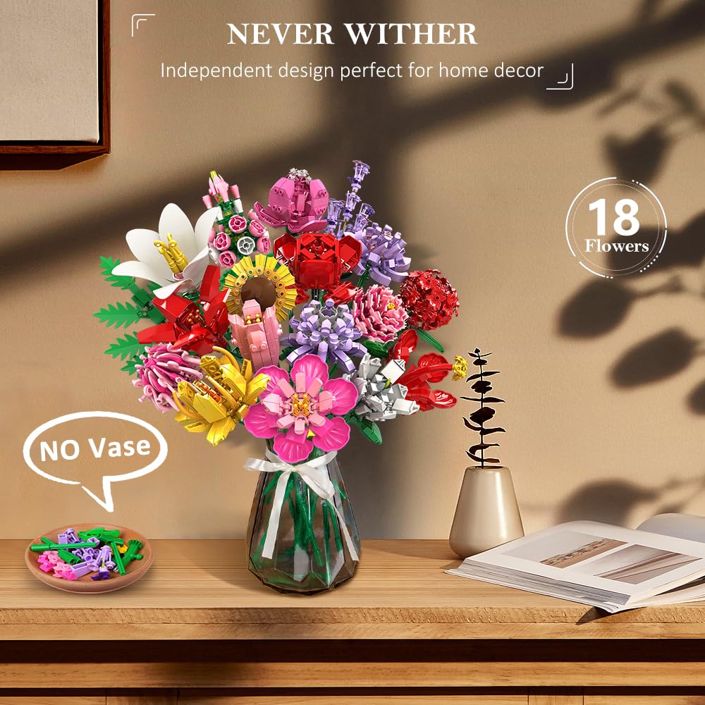 HOGOKIDS Blumen Bauset für Mädchen ab 8+ Jahren - 18 Blume Blumenstrauß Bausteine, 1464 Teilige Kunstblumen Pflanzen Bausatz, Botanik Kollektion Haushalt Deko, Kreatives Geschenk für Kinder Erwachsene 3