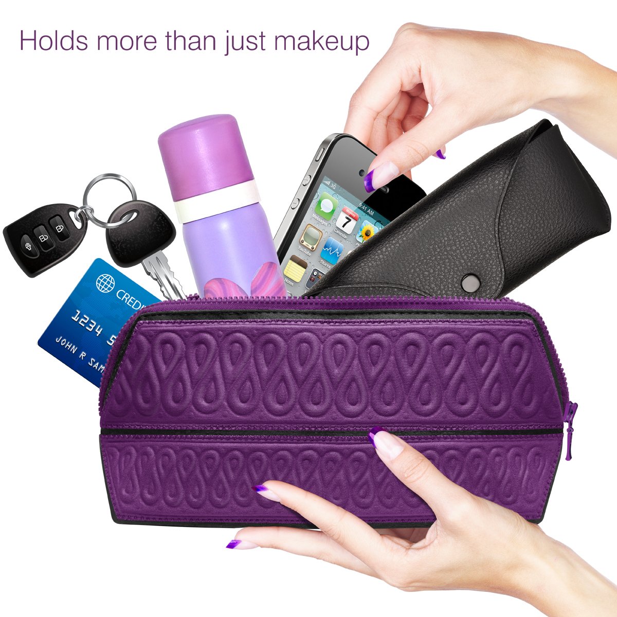 MetricUSA Cosmetic Makeup Bag Case Organizer Fits Even Longest Makeup Brushes is Water Repellent Travel Clutch Purse Toiletry Bag is Portable Soft and Beautiful Premium Quality Foldable Design(Purple)