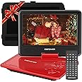 DBPOWER 11.5" Portable DVD Player, 5-Hour Built-in Rechargeable Battery, 9" Swivel Screen, Support CD/DVD/SD Card/USB, Remote Control, 1.8 Meter Car Charger, Power Adaptor and Car Headrest (Red)