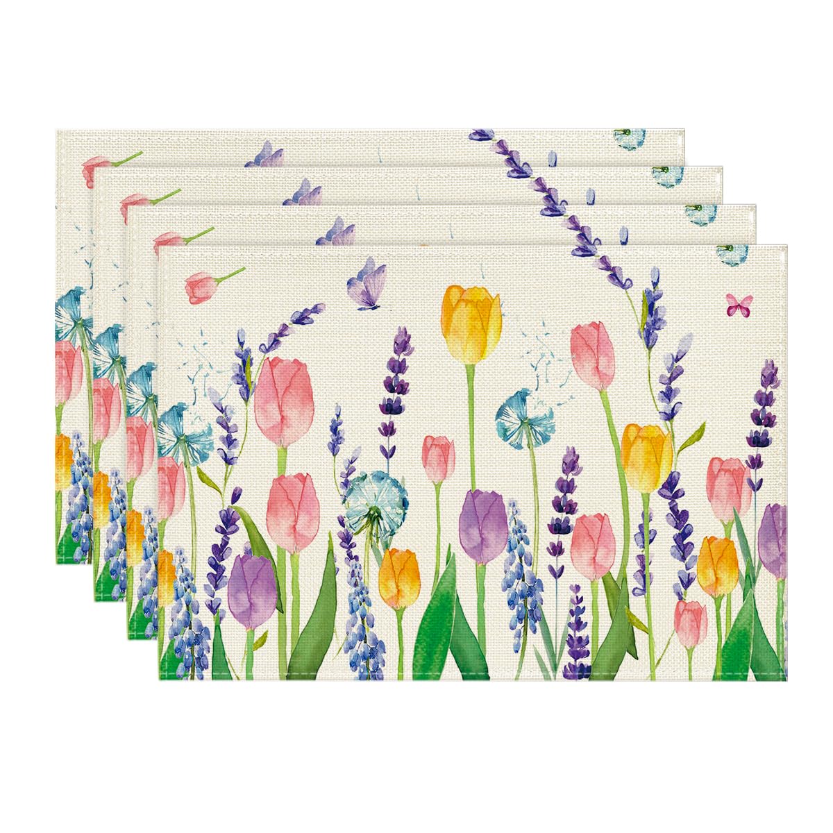 Artoid Mode Lavender Tulip Spring Set of 4 Placemats, Seasonal Kitchen Table Decoration Indoor Holiday Party Decor 30x45cm
