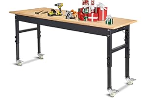 POLAR AURORA 60" Adjustable Work Bench, Rubber Wood Top Workbench Heavy-Duty Work Table with Power Outlet and Wheels, 2000 LBS Load Capacity Hardwood Work Benches for Garage, Workshop, Home, Office, Easy Assembly
