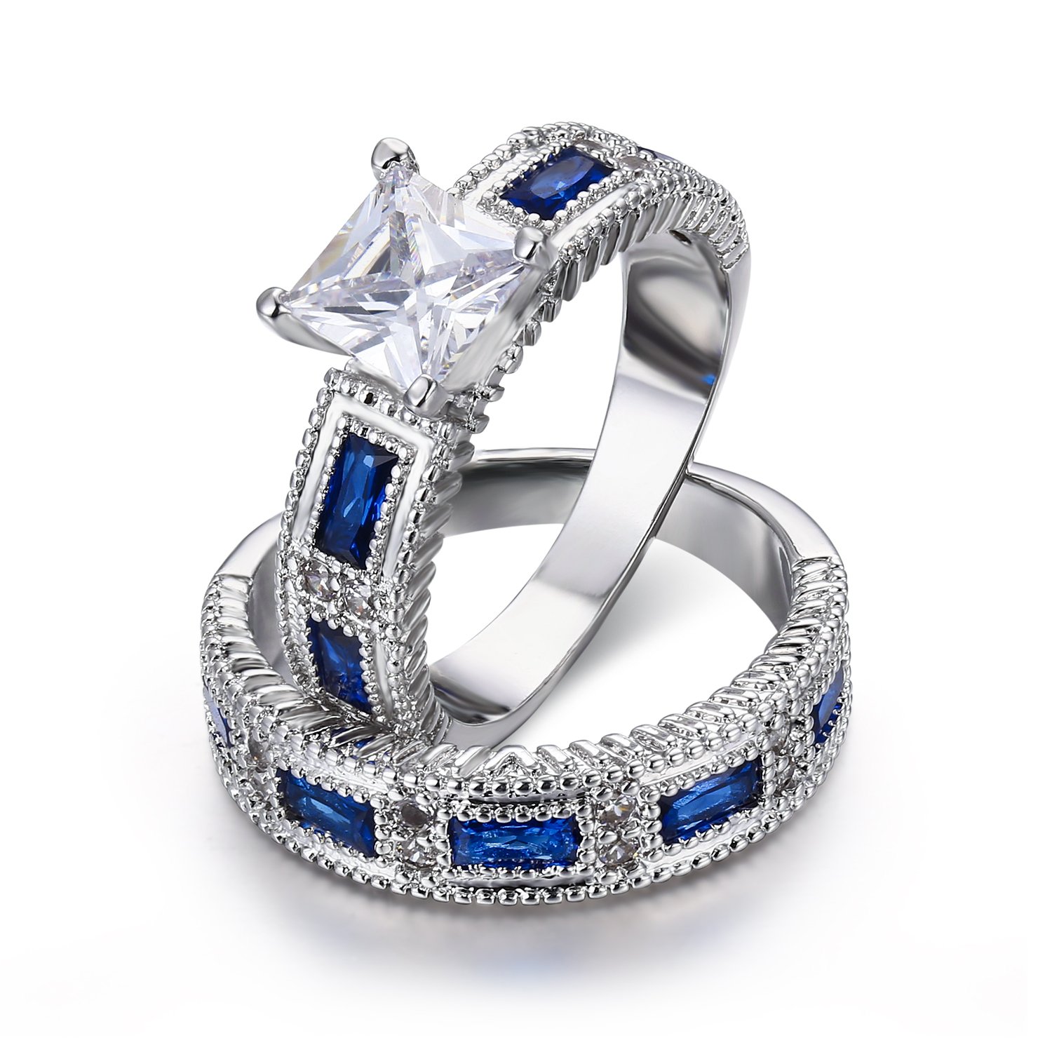 LAVUMO Bridal Set Princess Cut Simulated Blue Sapphire CZ Promise Engagement Wedding Ring Sets for Women Rhodium Plated Size 6 7 8 9 (5.5)
