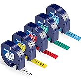 Compatible with Dymo Label Maker Refills Tape, 12 mm x 4 m (1/2" x 13'), Compatible with Dymo Letratag Refills Plastic Tape for 200B LT-100H 100T Plus, 5-Pack, Black on White/Yellow/Red/Blue/Green