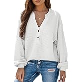 Dokotoo Womens Waffle Knit Tops 2026 Dressy Casual Button Shirts Long Sleeve V Neck Blouses Basic Tee