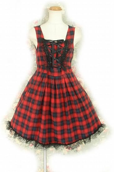 Amazon Co Jp フリルワンピース 黒レースと飾り編み上げのハートホールワンピース 赤チェック 服 ファッション小物
