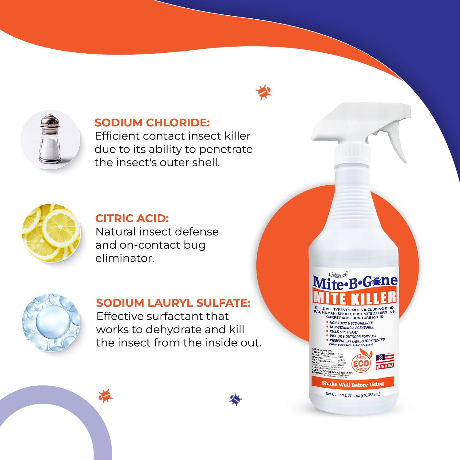 Mite Killer Spray by Mite-B-Gone Treatment — Kills Human Mites, Dust, Spider, Rat, Carpet & Bird Mites in Homes, Furniture, Bedding, Auto & On Animals | Non-Toxic | Kid & Pet Safe | 32oz Spray