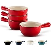 Kook French Onion Soup Crocks, Stackable Ceramic Bowls with Handles, Oven, Microwave and Dishwasher Safe, for Cereal, Soups, Casseroles, with Handle, Stoneware, 24 oz, Set of 4, Crimson Ombre