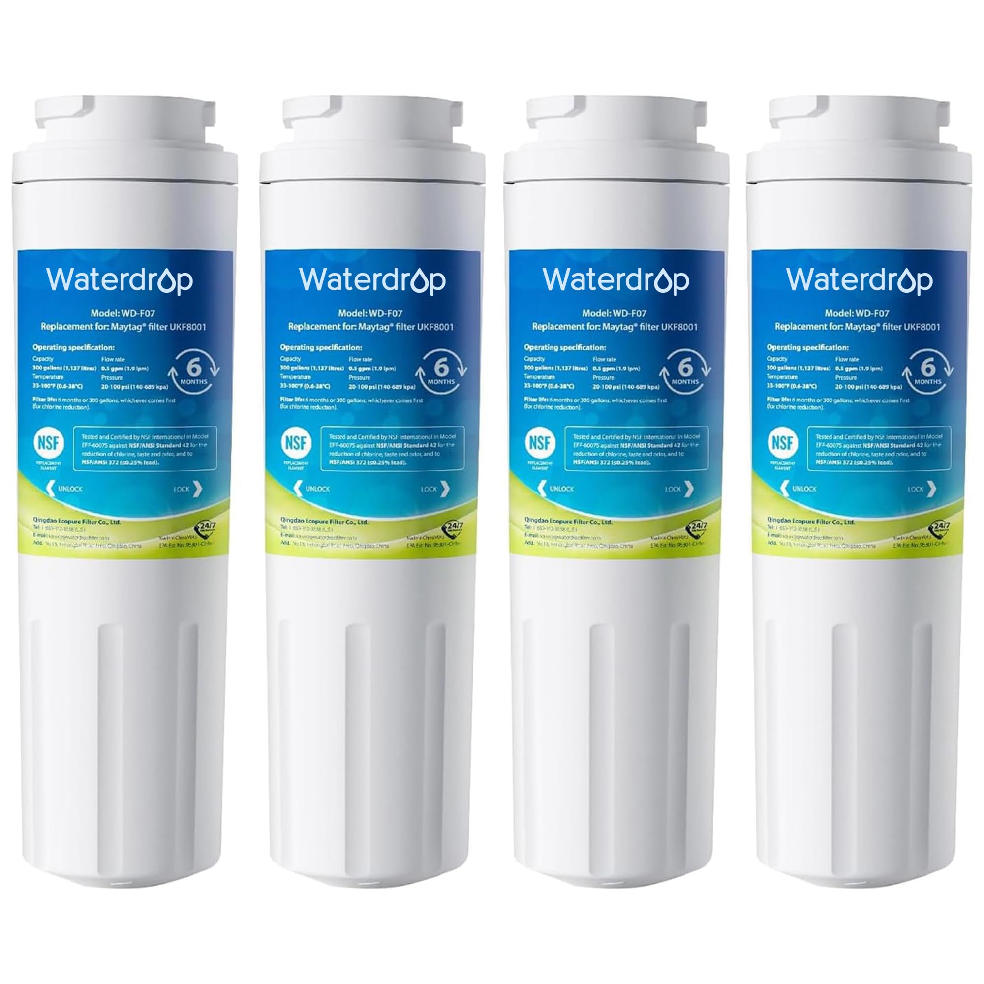 Photo 1 of Waterdrop EDR4RXD1 Replacement for EveryDrop® Filter 4, Whirlpool® UKF8001, 4396395, Maytag® UKF8001AXX-200, UKF8001AXX-750, WD-F07, Refrigerator Water Filter, 4 Filters