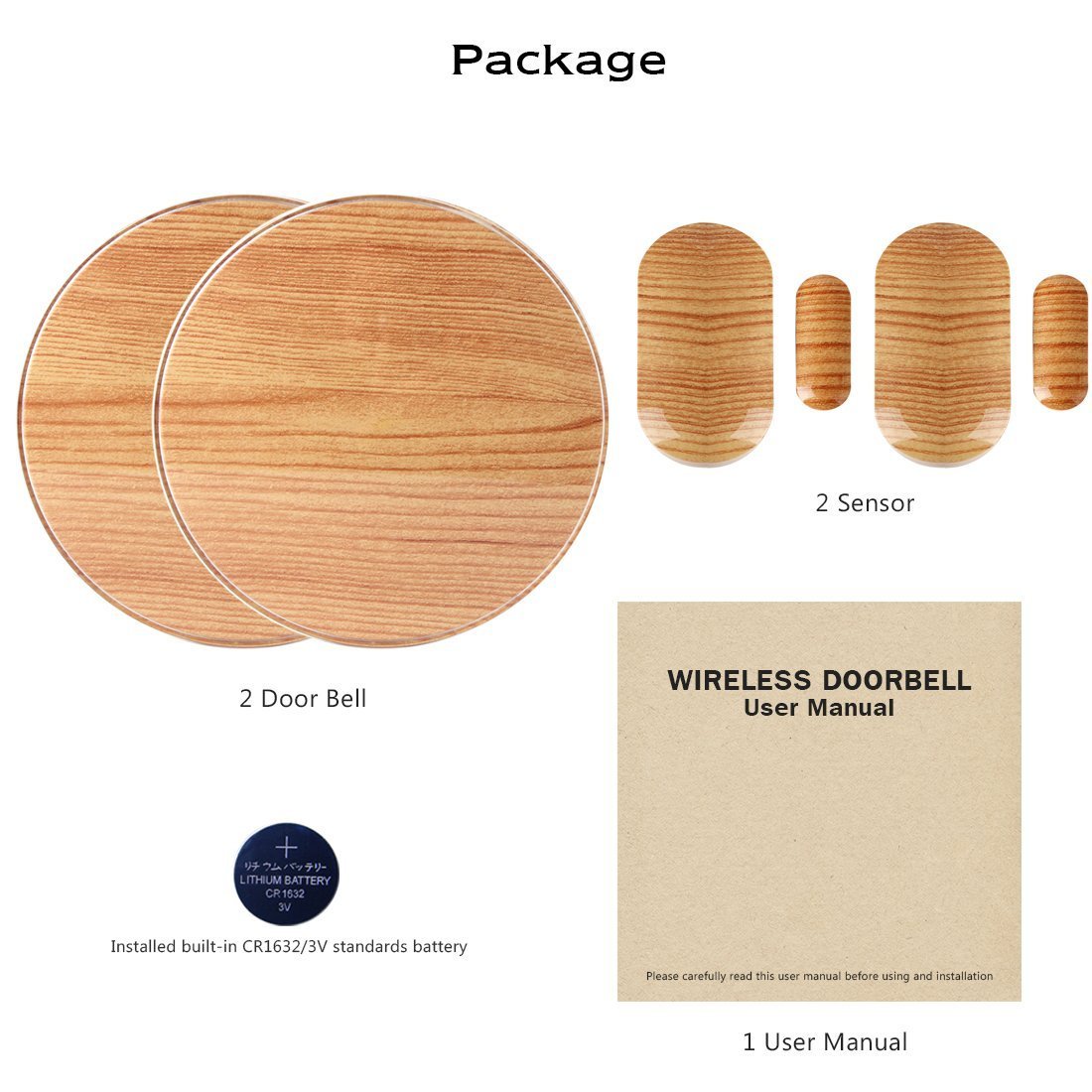 Heiyo Wireless Doorbell Wood Grain Series-2 Remote Button and 3 Remote Receivers with Operating at 260-feet/52 MP3 Melodies/ 4-Level Volume for Home/Office/Stores or Other