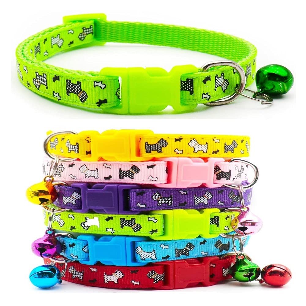 Small Dog Puppy Pet Collar Scotty Dogprint Design with Bell Nylon Adjustable Size 19-32cm Green